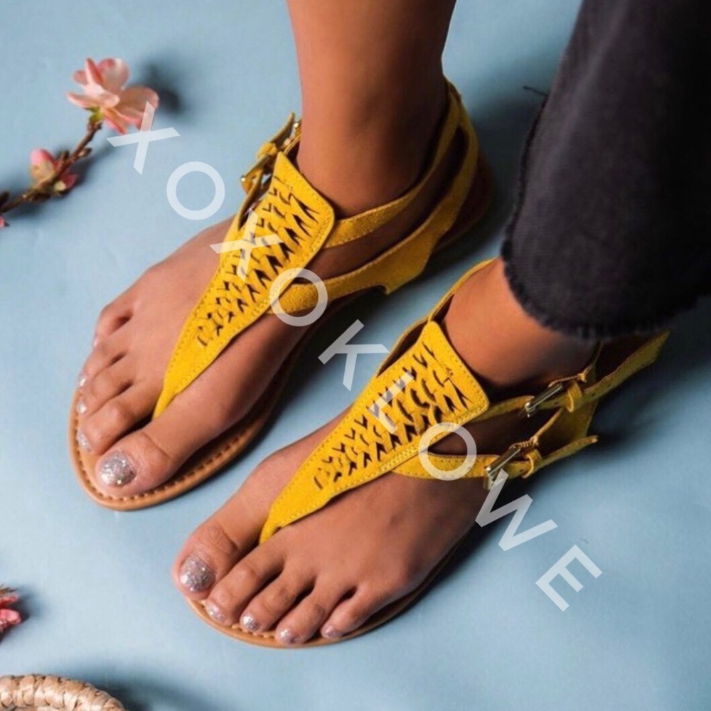 Yellow Gladiator Thong Sandal Double Buckle Vegan Suede - Picture 2 of 5